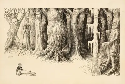 Las wielkich drzew, a każde drzewo ma twarz innego mężczyzny. Malutki Wuj Sam zbliża się z siekierą, uśmiechnięty, William Henry Walker