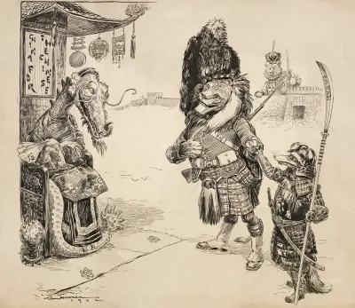 A fox (Japan) presents a lion (Great Britain) to a dragon (China) on a throne av William Henry Walker