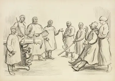 Przerażony cesarz Wilhelm II wpychany na stół operacyjny przez pielęgniarkę uosabiającą cywilizację, William Henry Walker