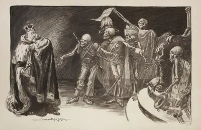 Ein erschrockener König, möglicherweise Großbritannien, wird von Skeletten bedroht von William Henry Walker