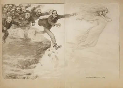 Eine geisterhafte Frau, auf Seifenblasen schwebend, lockt eine Menge Männer dazu, ihr über eine Klippe zu folgen von William Henry Walker