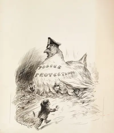 A giant hen representing police protection shelters several criminals under her wings av William Henry Walker