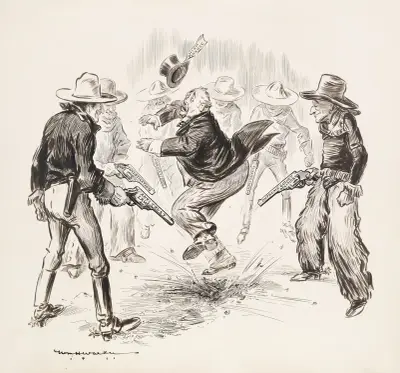 A group of cowboys surround a rich man representing high finance and fire their guns at his feet av William Henry Walker