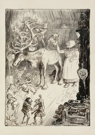 Eine Gruppe von Elfen schmückt das Geweih eines Rentiers mit Weihnachtsdekoration, unterstützt von einer lachenden Frau von William Henry Walker