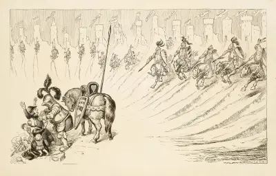 Eine Gruppe von Rittern reitet aus Burgen, die verschiedene Trusts repräsentieren, herbei, um eine Familie (die Konsumenten repräsentiert) vor einem Angreifer zu schützen von William Henry Walker