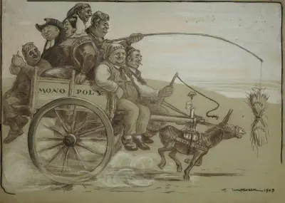 Grupa dużych osób reprezentujących różne trusty jedzie na wozie (monopol), który ciągnie mały osioł (społeczeństwo), William Henry Walker