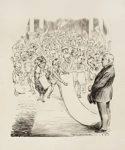 A group of men and women shout and present lists to a man in a suit. av William Henry Walker