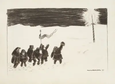 Eine Gruppe Männer trägt eine „Life“-Flagge über den Schnee auf einen glühenden Pfahl zu, wahrscheinlich der Nordpol von William Henry Walker