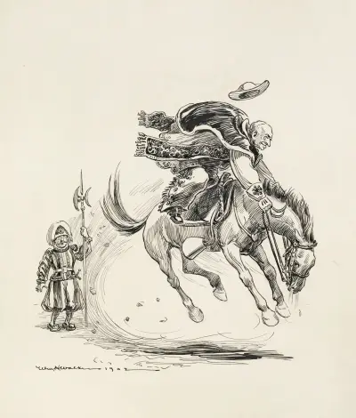 A guard watches surprised as a religious leader, possibly the pope, rides a bucking horse and wears fancy cowboy gear. av William Henry Walker
