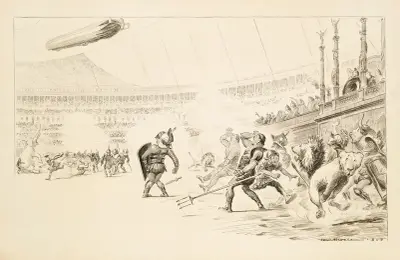 Wielka walka gladiatorów, z udziałem mężczyzn w zbrojach, lwów i słonia, na zatłoczonym stadionie, William Henry Walker