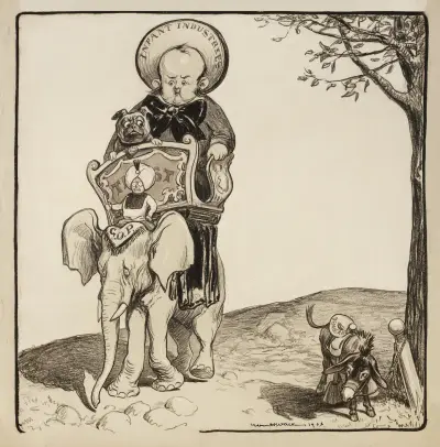 A large child representing Infant Industries and his bulldog representing Wall Street ride on top of the Republican Party elephant av William Henry Walker