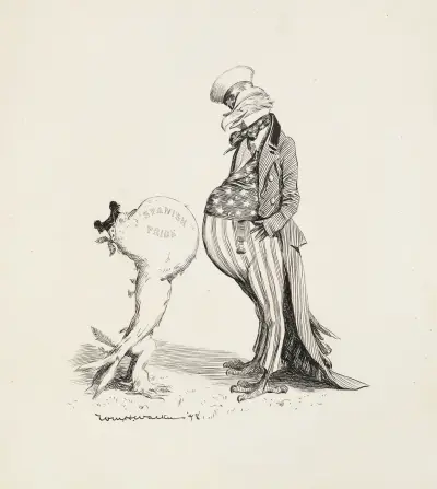 A large, fat American eagle looks down at a smaller bird puffed up with ‘Spanish Pride’ av William Henry Walker