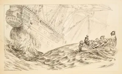 Ein großes Segelschiff, das die Anleger repräsentiert, sinkt, während eine kleine Gruppe von Piraten mit ihrem Geld davonschwimmt von William Henry Walker