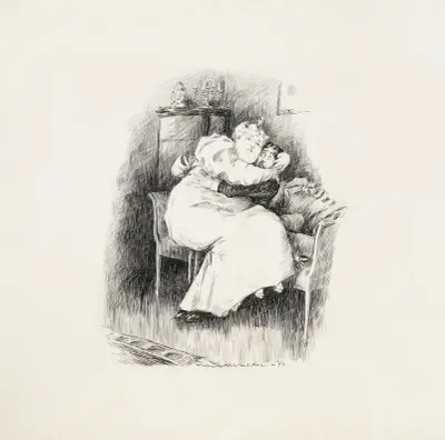 A large woman in white sits on the lap of a smaller man in black who is seated on the edge of a bed. av William Henry Walker