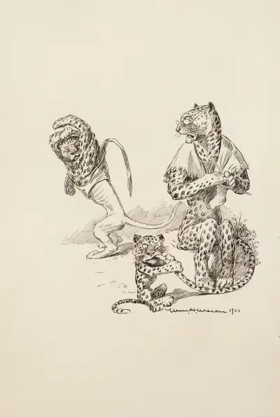 Ein Leopard strickt und beobachtet ihr Junges, während ein anderer Leopard seine Haut abstreift und enthüllt, dass er eigentlich ein Löwe ist von William Henry Walker