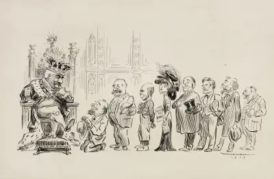 Eine Reihe von Männern in Anzügen und eine Frau mit einem Papier mit der Aufschrift „votes for women“ warten auf eine Audienz bei einem wie ein König gekleideten Mann von William Henry Walker