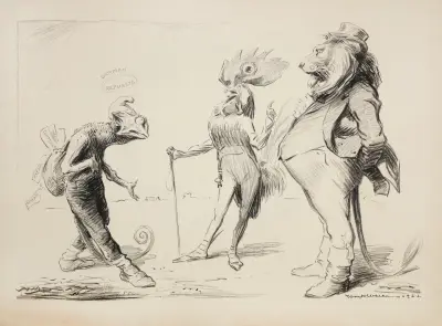 Ein Löwe (England) und ein Hahn (Frankreich) konfrontieren ein Chamäleon, das die Deutsche Republik repräsentiert von William Henry Walker