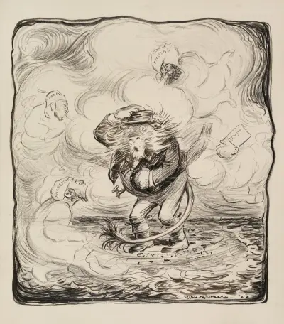 A lion (England) caught in a storm created by figures representing Palestine, Turkey, India, and Egypt. av William Henry Walker