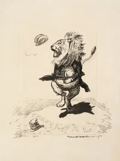 Lew w garniturze (Wielka Brytania) stoi na wzgórzu oznaczonym „Transwal” i wygląda na zaniepokojonego, William Henry Walker