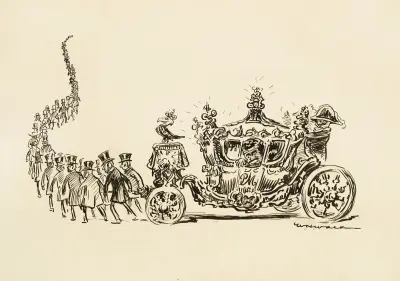 Długi szereg mężczyzn w garniturach i cylindrach ciągnących ozdobny powóz (w miejscu koni), William Henry Walker