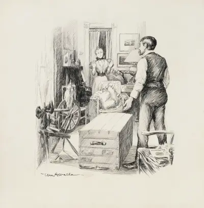 A man confronts a woman standing at a piano in a room with crowded with furniture, including a spinning wheel. av William Henry Walker