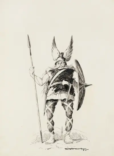 Mężczyzna w futrach z kolczastą tarczą, włócznią i skrzydlatym hełmem, William Henry Walker