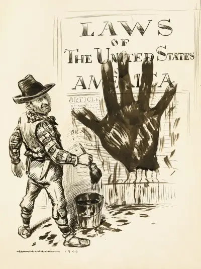 Ein wie ein Westler gekleideter Mann malt eine große schwarze Hand auf die Gesetze der Vereinigten Staaten von William Henry Walker