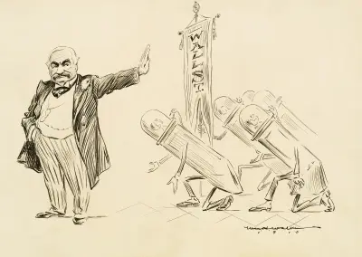 Mężczyzna w garniturze odrzuca kilka kłaniających się postaci symbolizujących Wall Street, William Henry Walker