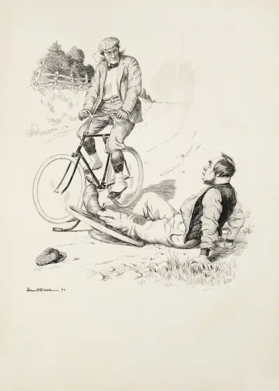 Mężczyzna na rowerze patrzy na mężczyznę, który spadł z monocykla, William Henry Walker