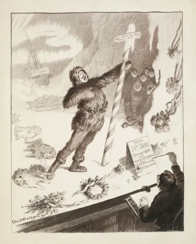 Ein Mann auf der Bühne erzählt von seiner Reise zum Nordpol. Kränze wurden auf die Bühne geworfen von William Henry Walker