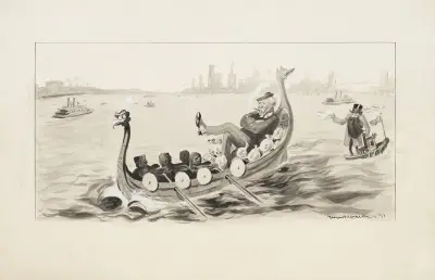 Ein Mann entspannt in einem Boot voller Geld, das einem Wikingerschiff ähnelt von William Henry Walker