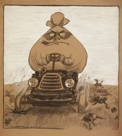 Ein als großer Geldsack mit Räubermaske dargestellter Mann überfährt mit seinem Auto kleine Menschen von William Henry Walker