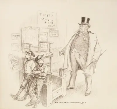 Ein Mann, der die Trusts repräsentiert, nähert sich wütend zwei Schuhputzerjungen von William Henry Walker
