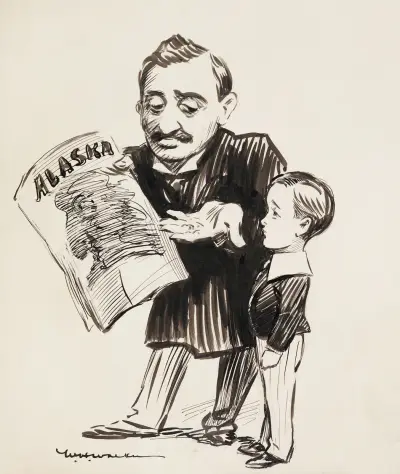 Ein Mann zeigt einem Jungen eine Zeitung über Alaska von William Henry Walker