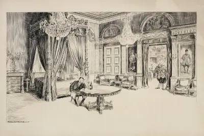 Mężczyzna siedzi sam przy dużym stole w sypialni i je, William Henry Walker