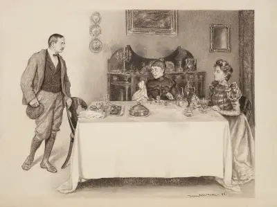 Mężczyzna stoi za swoim krzesłem przy stole, przy którym starsza i młodsza kobieta już jedzą, William Henry Walker