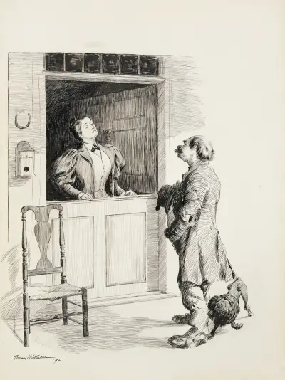 Ein Mann in zerlumpter Kleidung und zwei Hunde sprechen mit einer Frau hinter einem Tresen von William Henry Walker