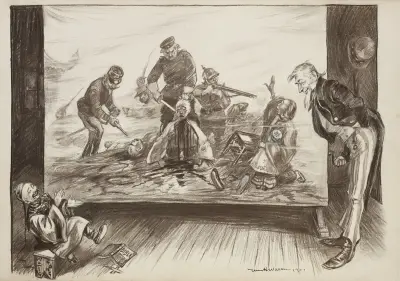 Mężczyzna, Wu Ting Fan, śmieje się i delektuje obrazem masakry rdzennych Amerykanów przez wojsko Stanów Zjednoczonych, William Henry Walker