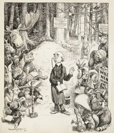 Ein Pfarrer predigt im Wald vor einer Gruppe von Tieren, die meisten machen sich Notizen von William Henry Walker