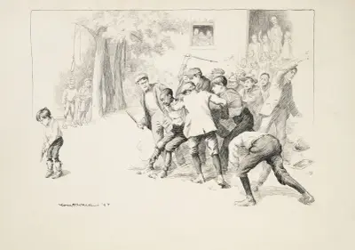 Ein Mob Schulkinder überfällt einen schwarzen Jungen auf ihrem Schulhof und bereitet sich darauf vor, ihn zu lynchen, während ihr Lehrer im Hintergrund zusieht von William Henry Walker