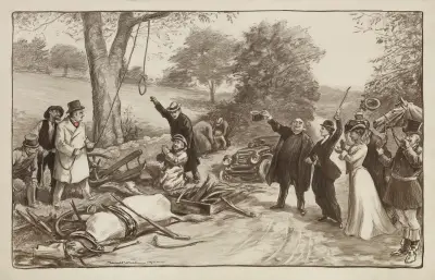 Ein Autofahrer fleht um sein Leben, während eine Menge nach einem Unfall mit Pferd und Wagen eine Lynchjustiz vorbereitet von William Henry Walker