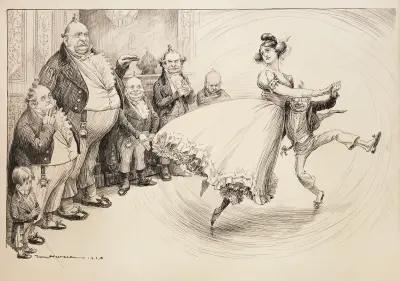 Eine hübsche junge Frau, die die Vereinigten Staaten (Columbia) repräsentiert, tanzt unglücklich mit einem kleinen Mann, möglicherweise Präsident Theodore Roosevelt von William Henry Walker