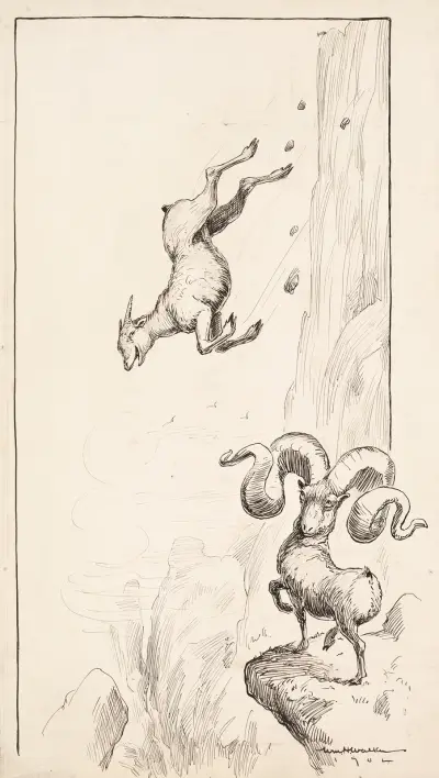 Ein Widder mit großen Hörnern kippt vor lauter Gewicht um, während ein Widder mit viel kleineren Hörnern lacht, 1904 von William Henry Walker