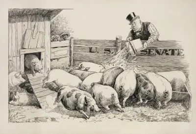 Bogaty człowiek karmi swoje świnie (Senat USA) pieniędzmi z wiadra symbolizującego monopol, William Henry Walker
