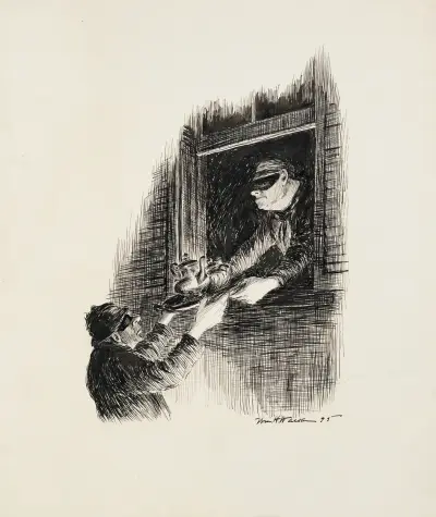 Ein Räuber reicht ein Teeservice durch das Fenster zu seinem Komplizen hinaus. von William Henry Walker