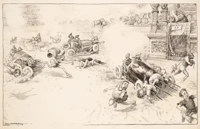 Rzymski pojedynek gladiatorów, w którym samochody służą jako broń w pościgu za pieszymi, William Henry Walker