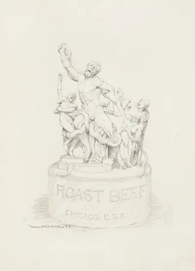 Posąg trzech mężczyzn atakowanych przez węże. Na cokole posągu widnieje napis „Roast Beef Chicago, U.S.A.”, William Henry Walker