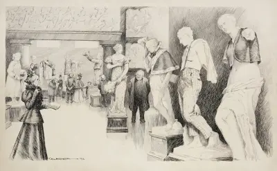 Surowe spojrzenie: kobieta i duchowny wobec ubranych posągów, William Henry Walker