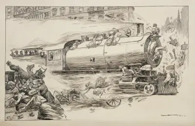 Ein mit Dollarzeichen geschmückter Zug rast durch eine Stadt von William Henry Walker