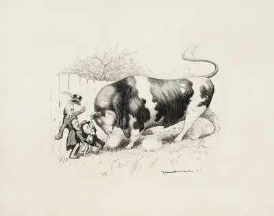 Ein sehr großer Bulle drängt drei kleine Männer gegen den Zaun, Alger, Corbin und Eagan von William Henry Walker
